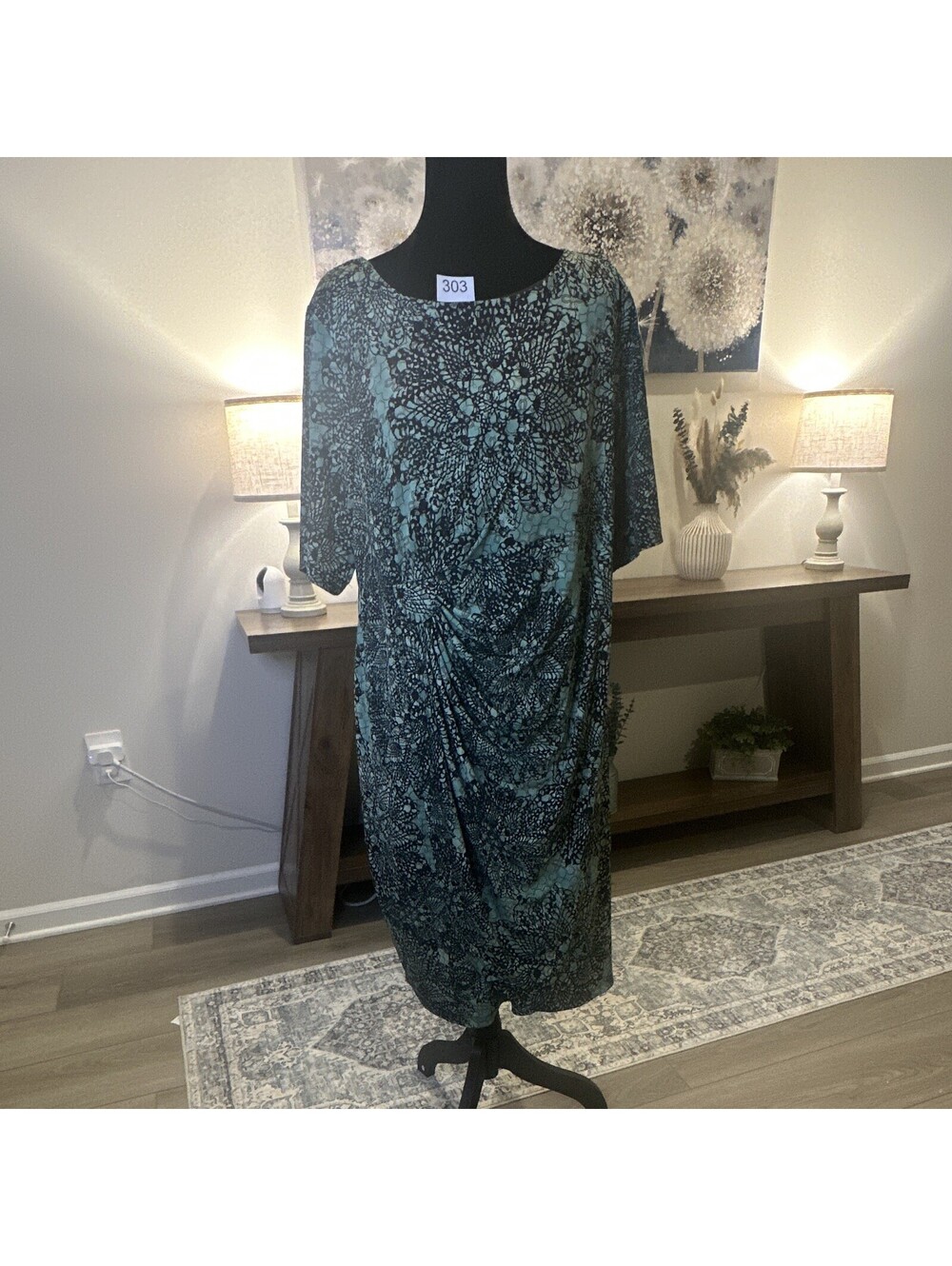Connected Apparel Teal/Black Floral Ruched Midi Dress 18W